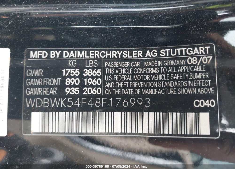 2008 MERCEDES-BENZ SLK 280 VIN: WDBWK54F48F176993