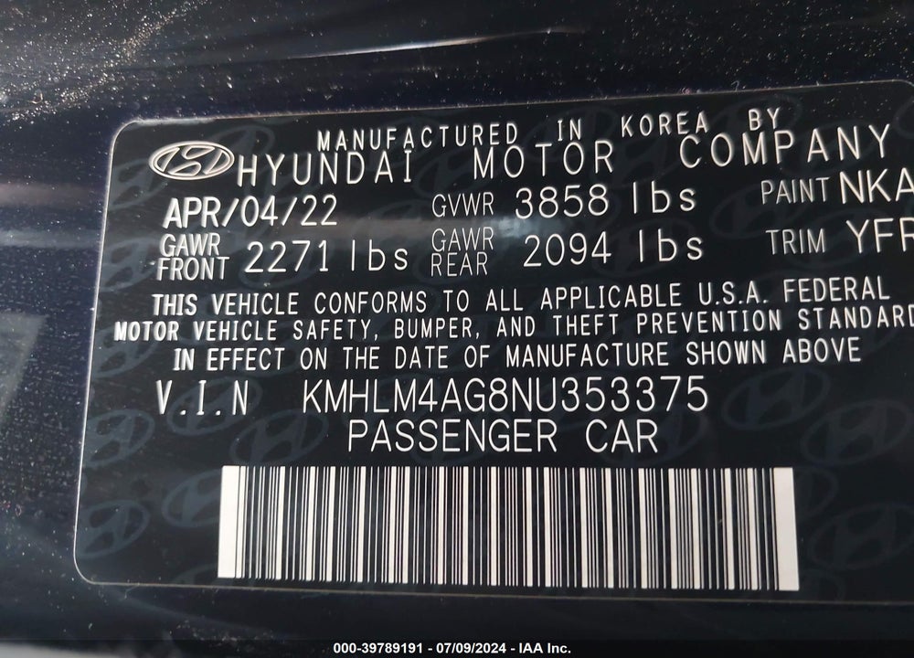 2022 HYUNDAI ELANTRA SEL VIN: KMHLM4AG8NU353375