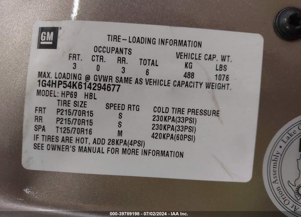 2001 BUICK LESABRE VIN: 1G4HP54K614294677