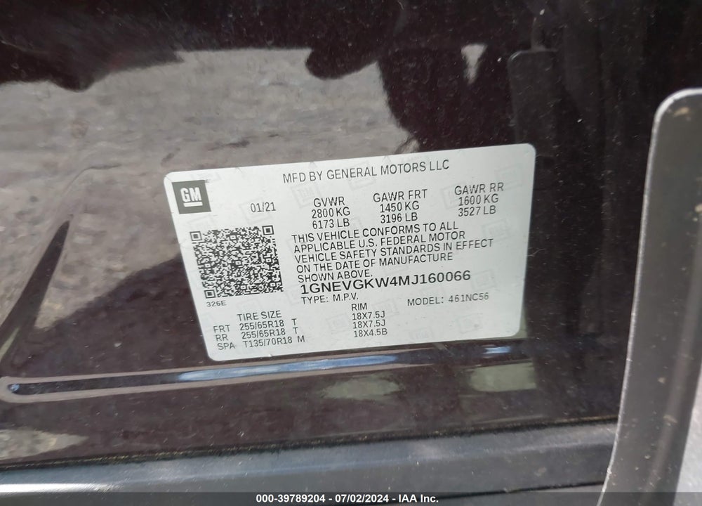 2021 CHEVROLET TRAVERSE AWD LT CLOTH VIN: 1GNEVGKW4MJ160066