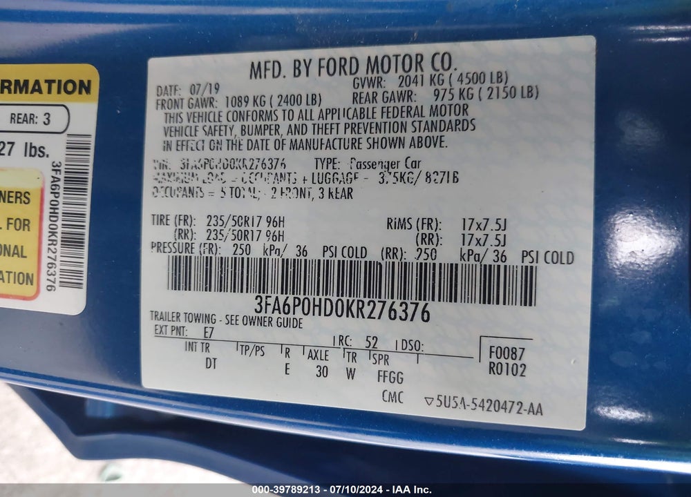 2019 FORD FUSION SE VIN: 3FA6P0HD0KR276376