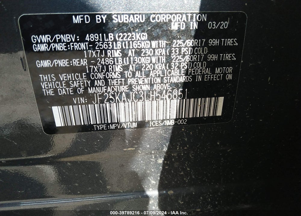 2020 SUBARU FORESTER PREMIUM VIN: JF2SKAJC3LH546851