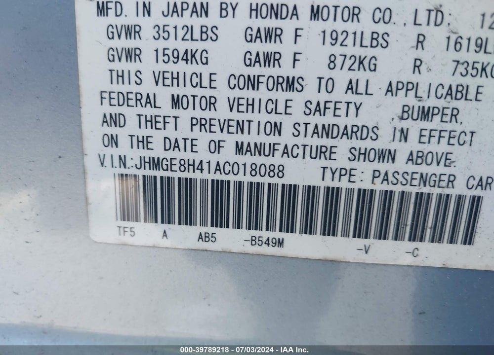 2010 HONDA FIT SPORT VIN: JHMGE8H41AC018088
