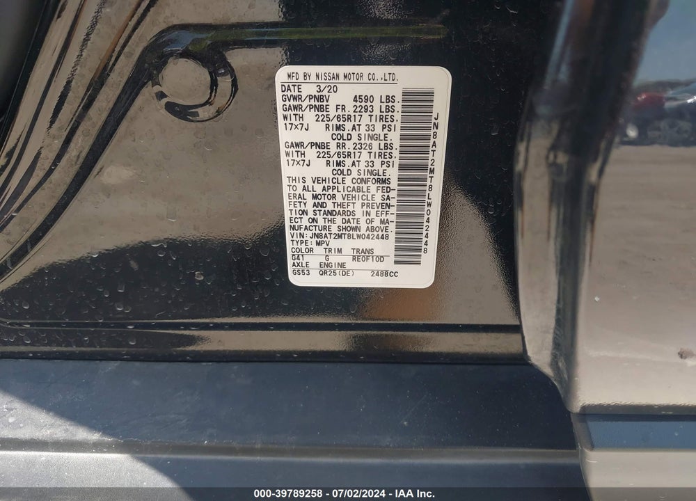 2020 NISSAN ROGUE SV FWD VIN: JN8AT2MT8LW042448