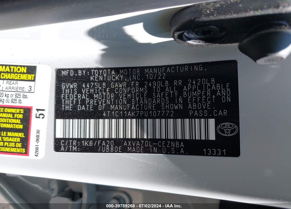 2023 TOYOTA CAMRY VIN: 4T1C11AK7PU107772