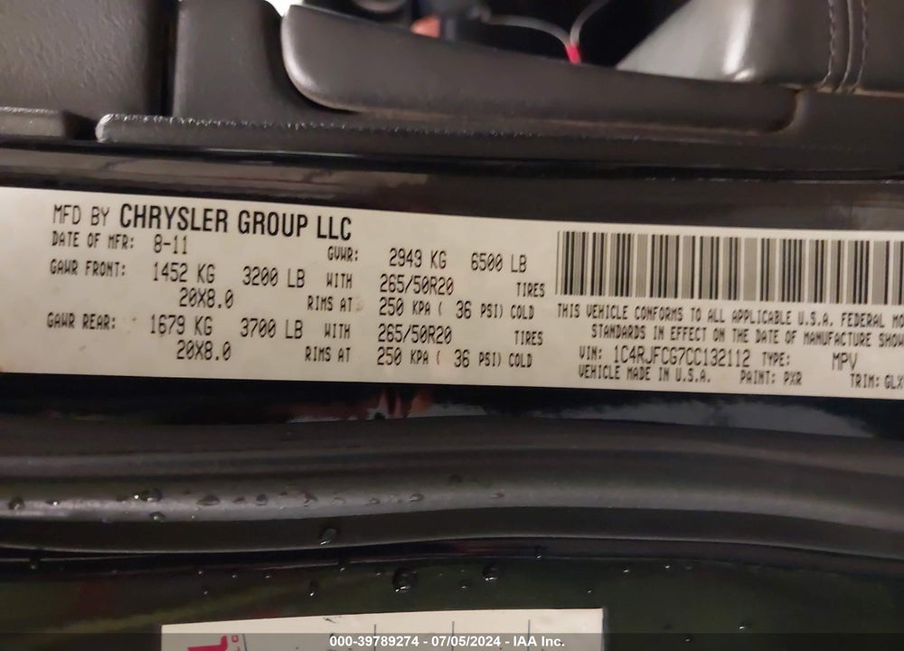 2012 CHEROKEE JEEP GRAND  OVERLAND VIN: 1C4RJFCG7CC132112