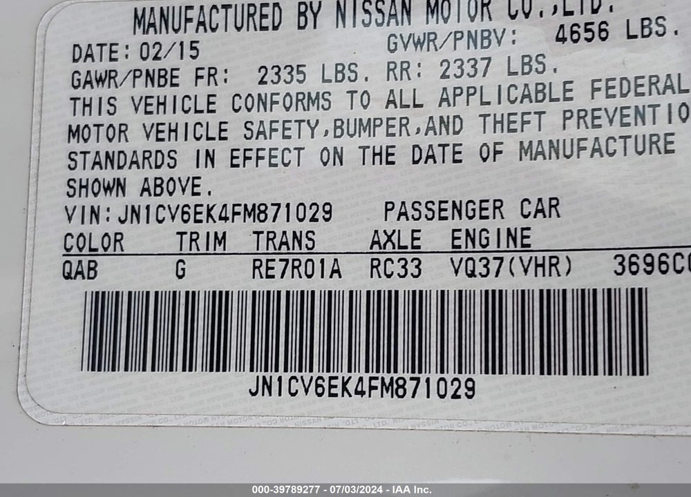 2015 INFINITI Q60 JOURNEY VIN: JN1CV6EK4FM871029