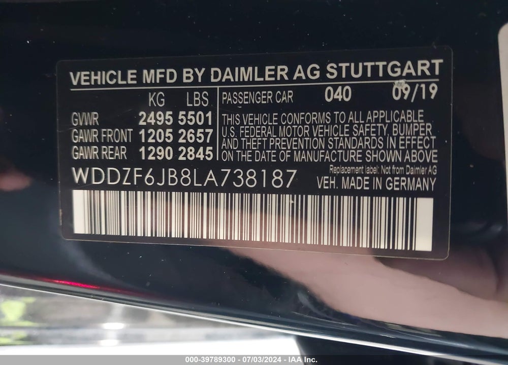 2020 MERCEDES-BENZ E 450 4MATIC VIN: WDDZF6JB8LA738187