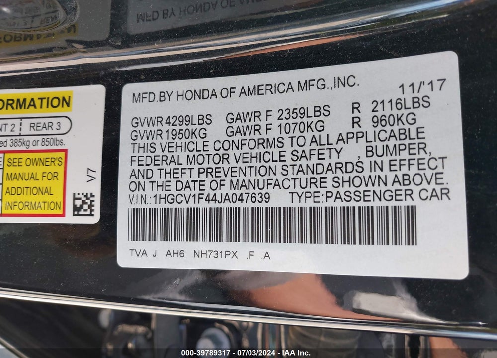 2018 HONDA ACCORD EX VIN: 1HGCV1F44JA047639