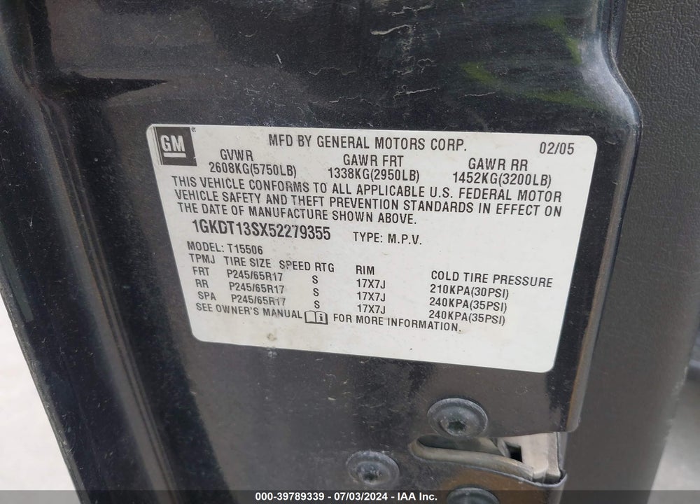 2005 GMC ENVOY SLT VIN: 1GKDT13SX52279355