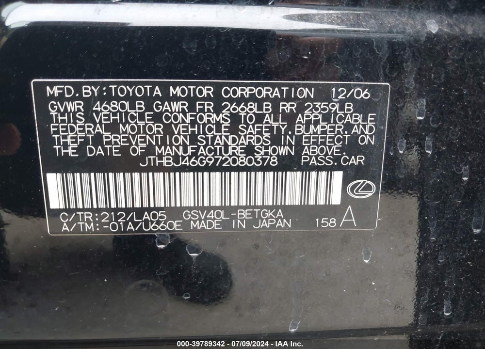 2007 LEXUS ES 350 VIN: JTHBJ46G972080378