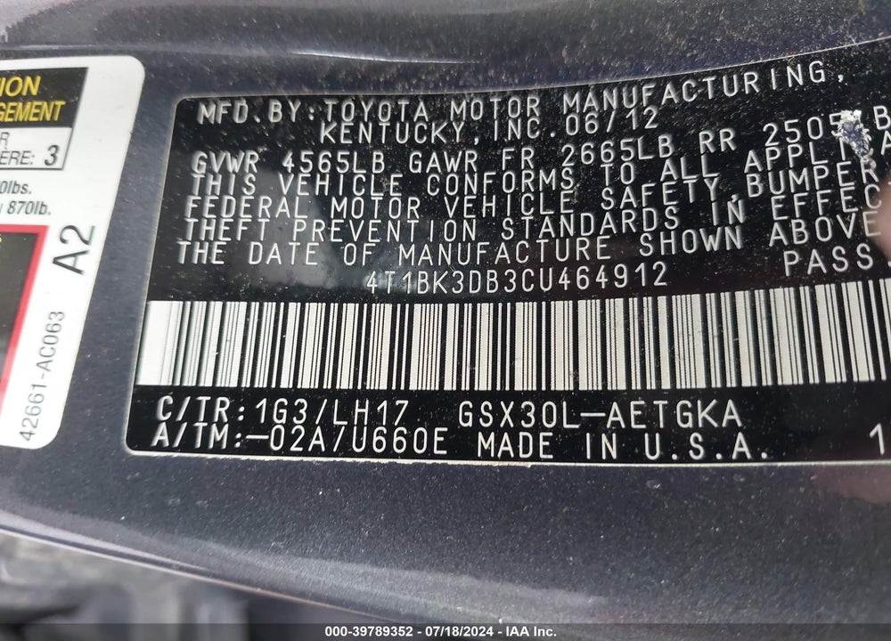2012 TOYOTA AVALON VIN: 4T1BK3DB3CU464912