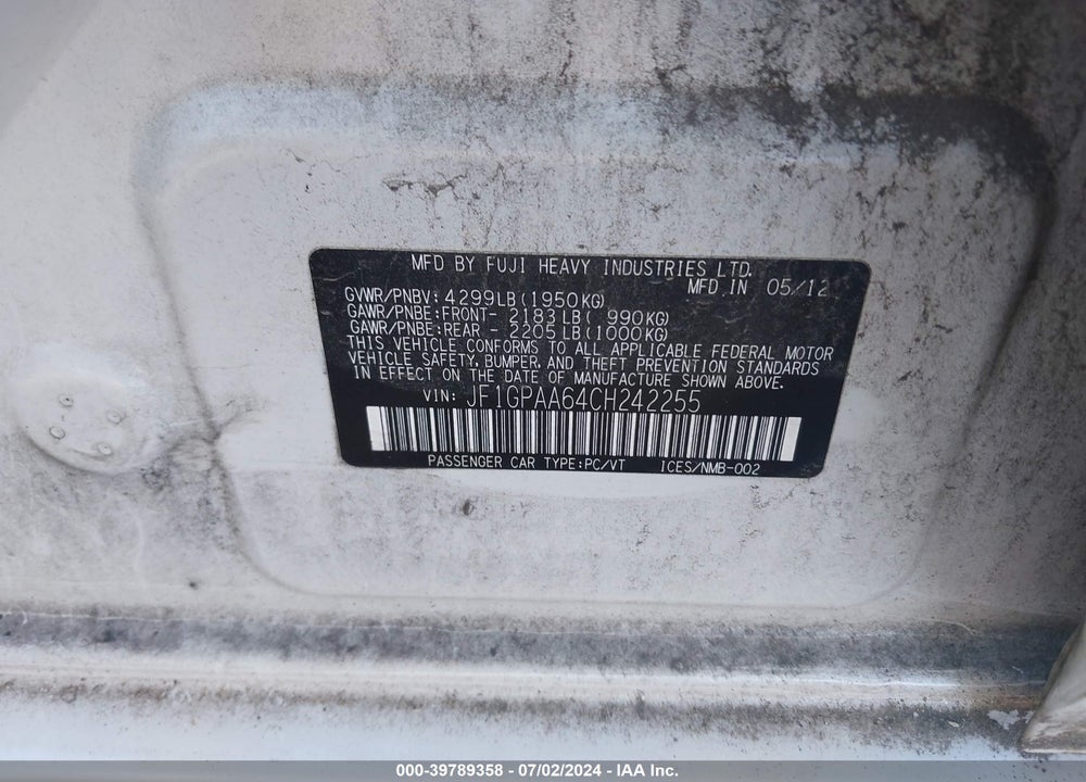 2012 SUBARU IMPREZA 2.0I VIN: JF1GPAA64CH242255