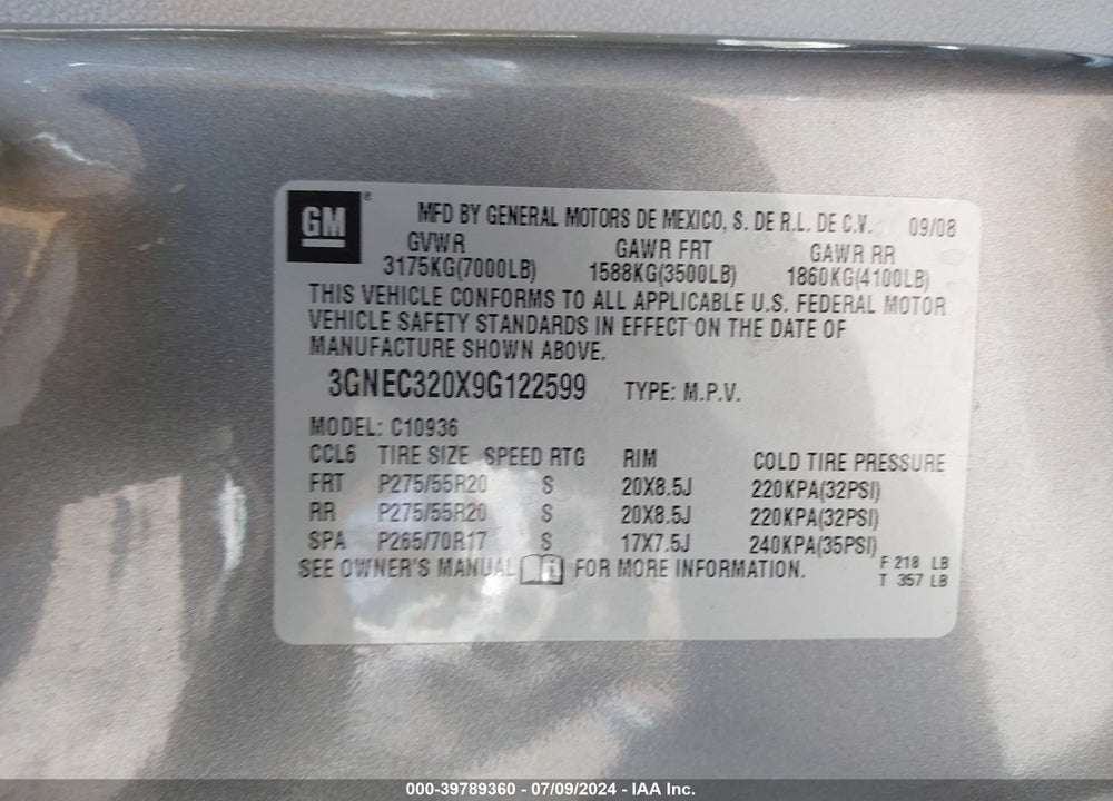 2009 CHEVROLET AVALANCHE 1500 LTZ VIN: 3GNEC320X9G122599