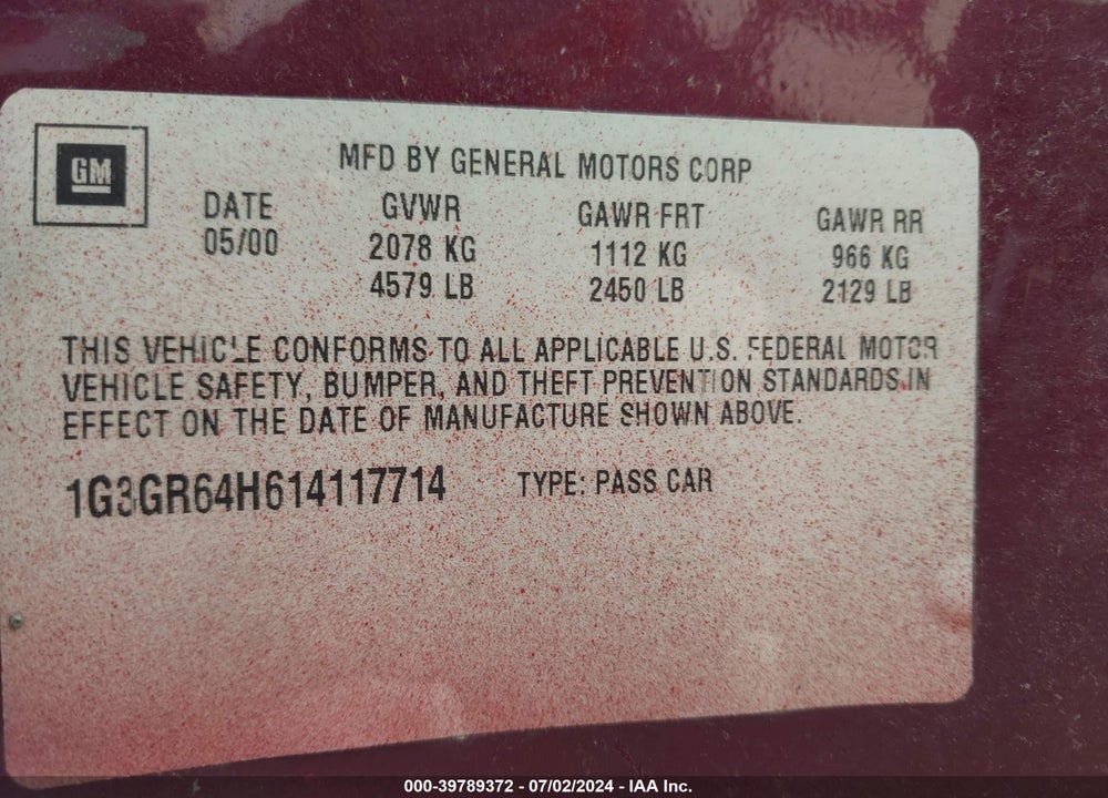 2001 OLDSMOBILE AURORA 3.5 VIN: 1G3GR64H614117714