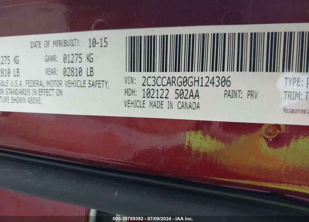 2016 CHRYSLER 300 LIMITED VIN: 2C3CCARG0GH124306