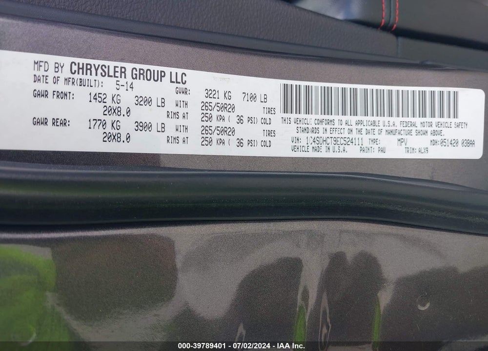 2014 DODGE DURANGO R/T VIN: 1C4SDHCT9EC524111