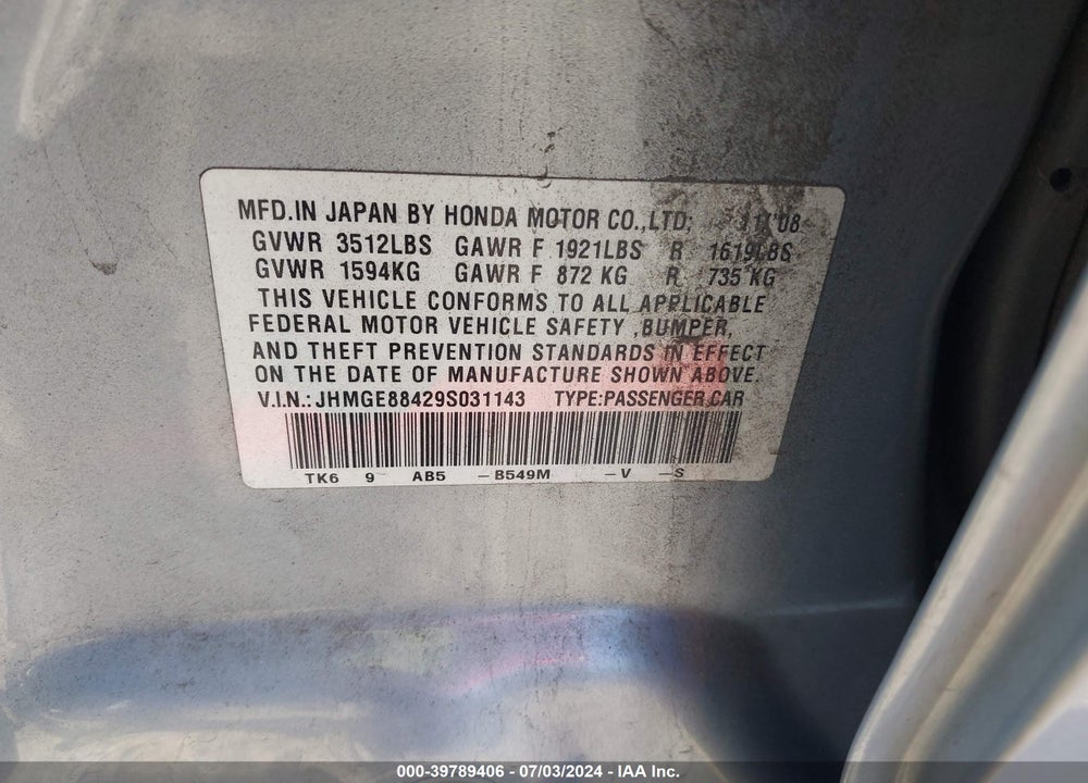 2009 HONDA FIT SPORT VIN: JHMGE88429S031143