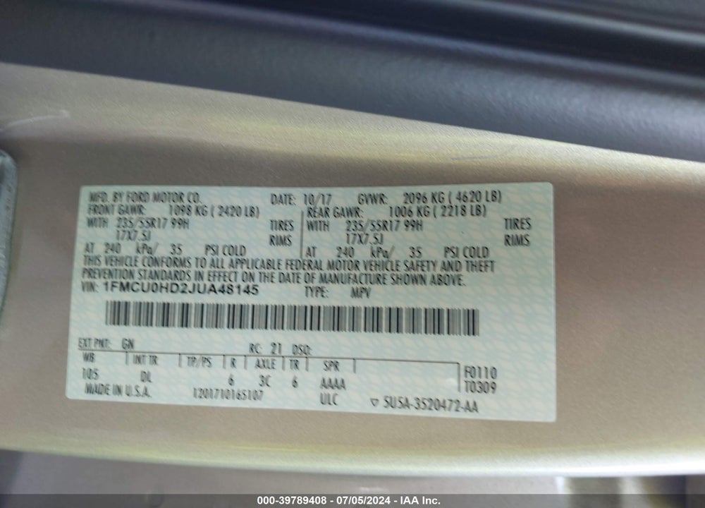 2018 FORD ESCAPE SEL VIN: 1FMCU0HD2JUA48145