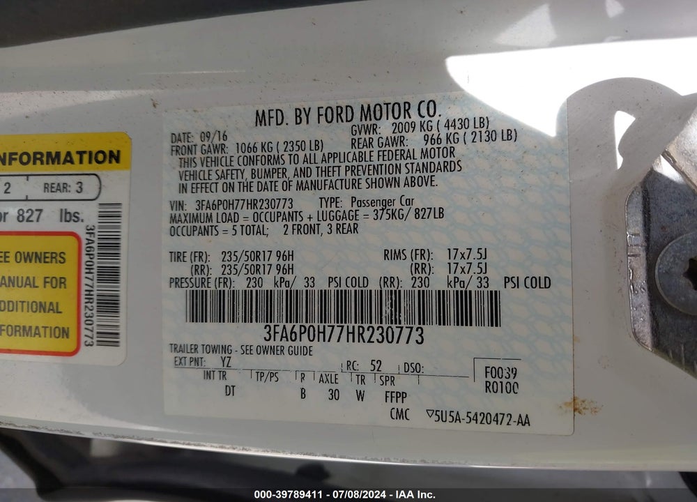 2017 FORD FUSION SE VIN: 3FA6P0H77HR230773