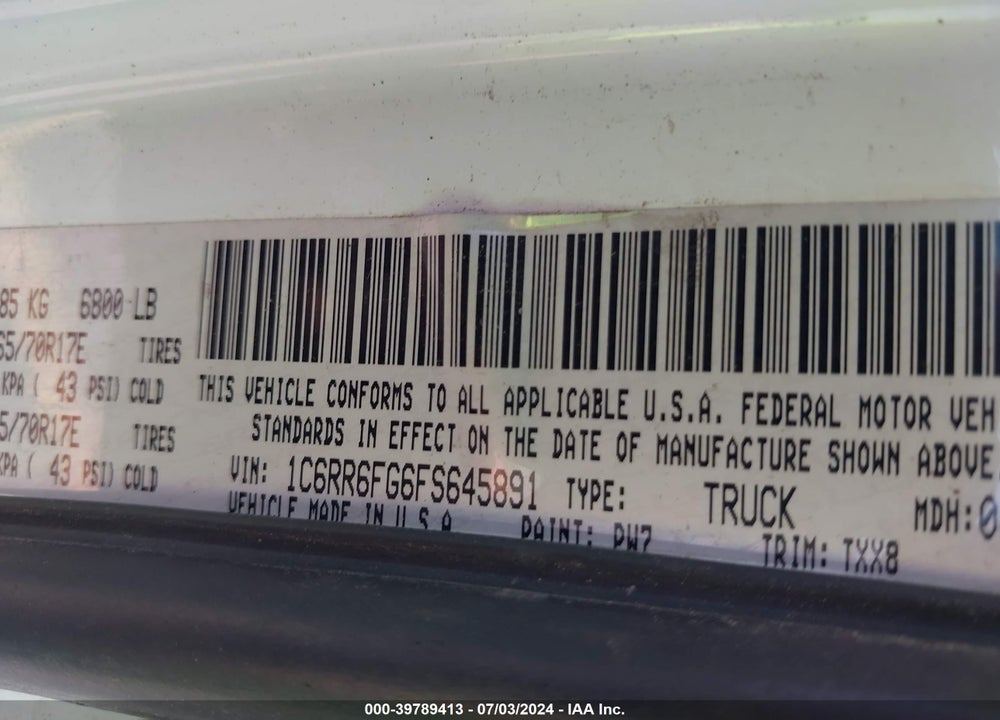2015 RAM 1500 TRADESMAN VIN: 1C6RR6FG6FS645891