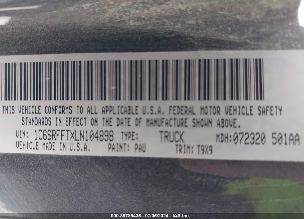 2020 RAM 1500 BIG HORN 4X4 5'7 BOX VIN: 1C6SRFFTXLN104898