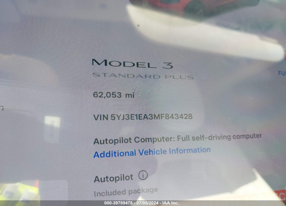 2021 TESLA MODEL 3 STANDARD RANGE PLUS REAR-WHEEL DRIVE VIN: 5YJ3E1EA3MF843428