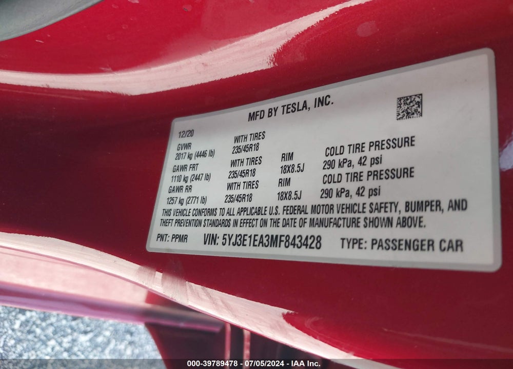 2021 TESLA MODEL 3 STANDARD RANGE PLUS REAR-WHEEL DRIVE VIN: 5YJ3E1EA3MF843428