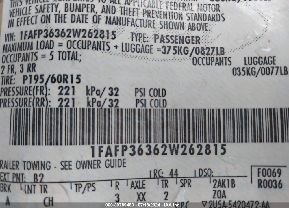 2002 FORD FOCUS SE/ZTW VIN: 1FAFP36362W262815