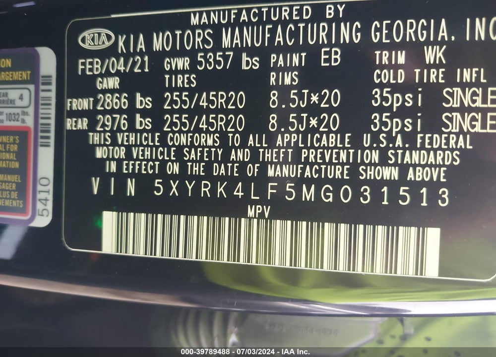 2021 KIA SORENTO SX VIN: 5XYRK4LF5MG031513