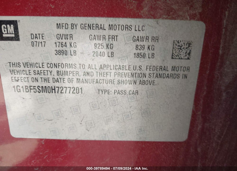 2017 CHEVROLET CRUZE PREMIER AUTO VIN: 1G1BF5SM0H7277201