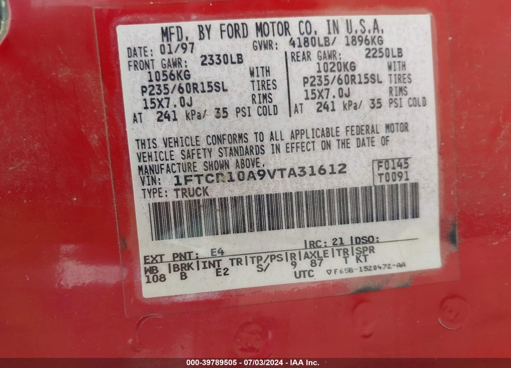 1997 FORD RANGER VIN: 1FTCR10A9VTA31612
