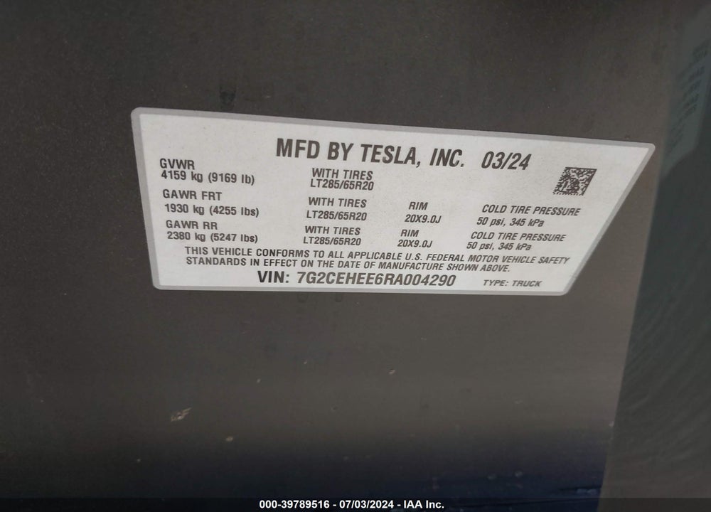 2024 TESLA CYBERTRUCK VIN: 7G2CEHEE6RA004290