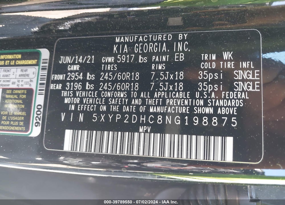 2022 KIA TELLURIDE LX VIN: 5XYP2DHC8NG198875