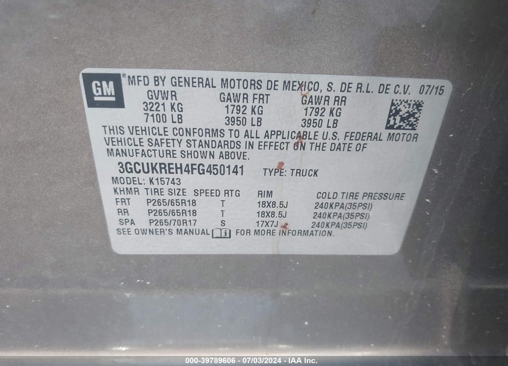 2015 CHEVROLET SILVERADO 1500 2LT VIN: 3GCUKREH4FG450141