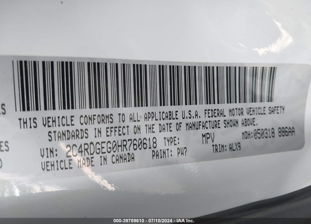 2017 DODGE GRAND CARAVAN GT VIN: 2C4RDGEG0HR760618