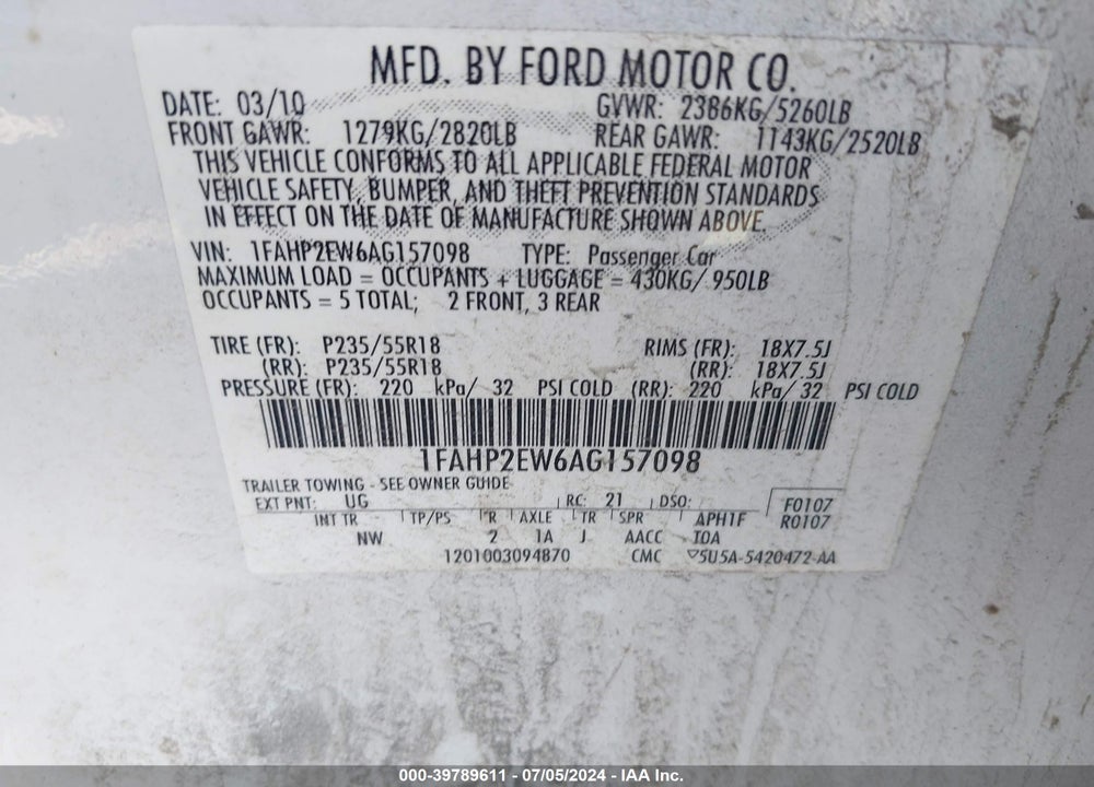 2010 FORD TAURUS SEL VIN: 1FAHP2EW6AG157098
