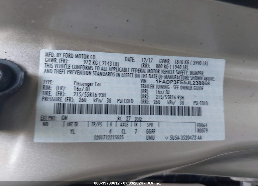 2018 FORD FOCUS SE VIN: 1FADP3FE5JL238868