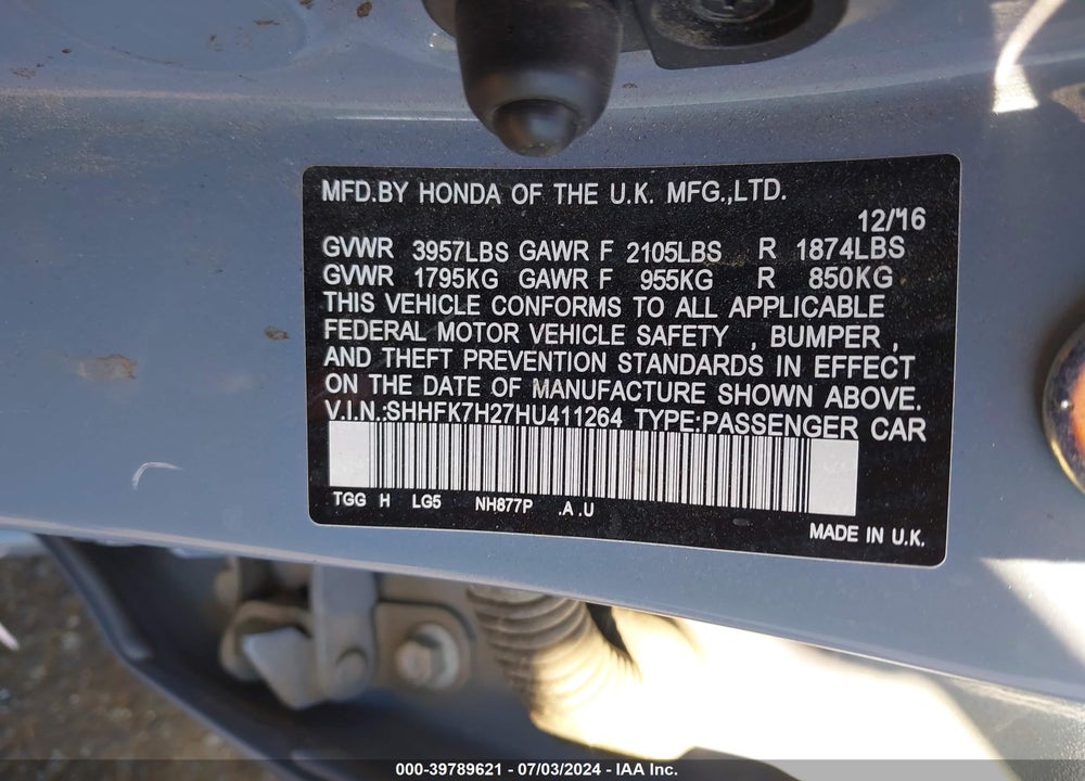 2017 HONDA CIVIC LX VIN: SHHFK7H27HU411264