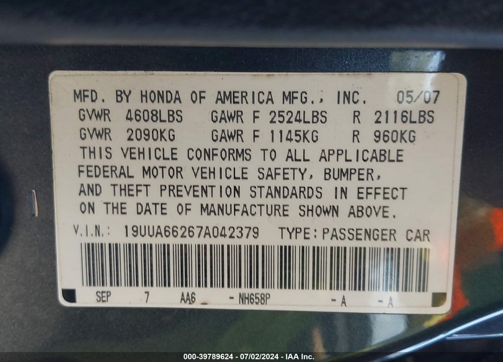 2007 ACURA TL 3.2 VIN: 19UUA66267A042379