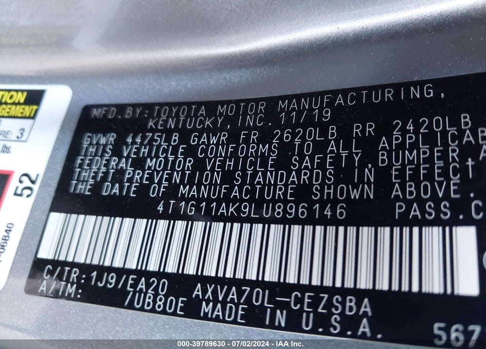 2020 TOYOTA CAMRY SE VIN: 4T1G11AK9LU896146