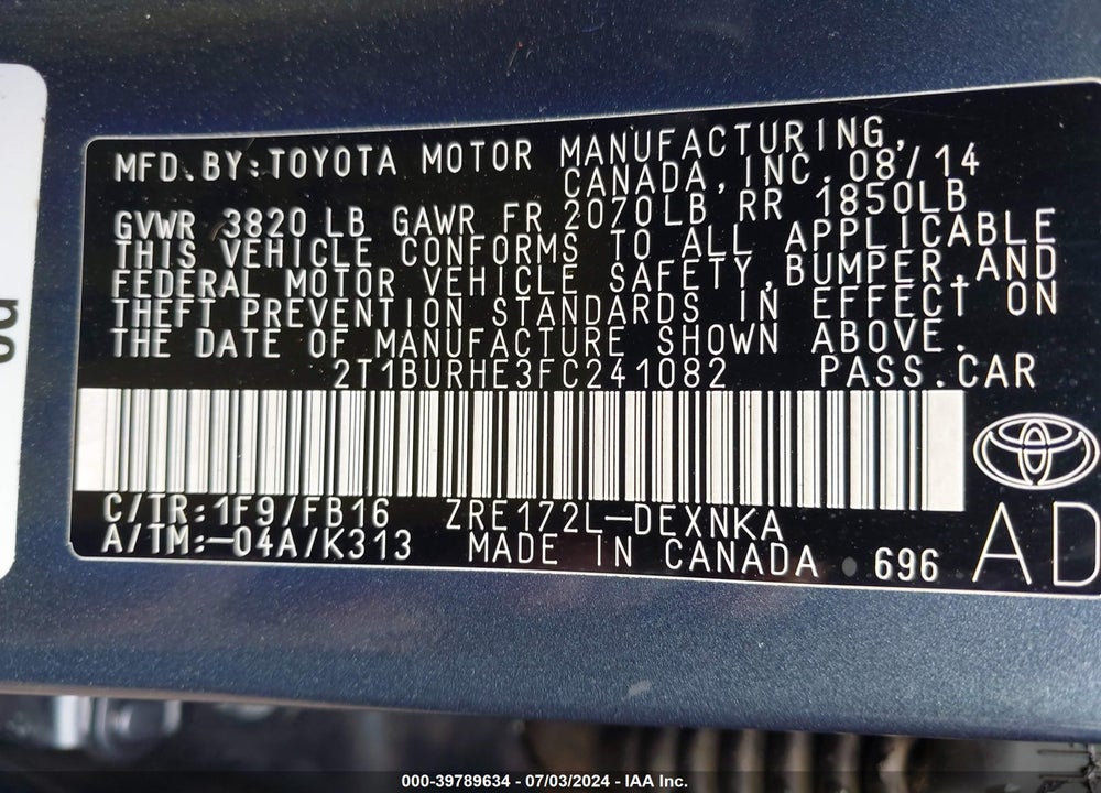 2015 TOYOTA COROLLA LE PLUS VIN: 2T1BURHE3FC241082