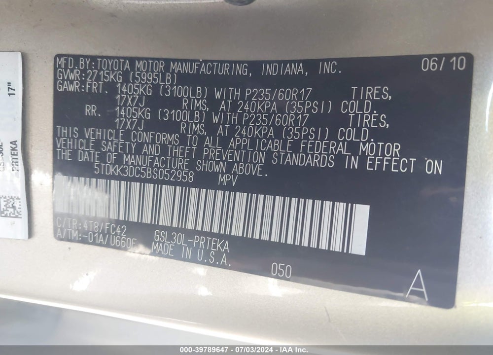 2011 TOYOTA SIENNA LE V6 VIN: 5TDKK3DC5BS052958