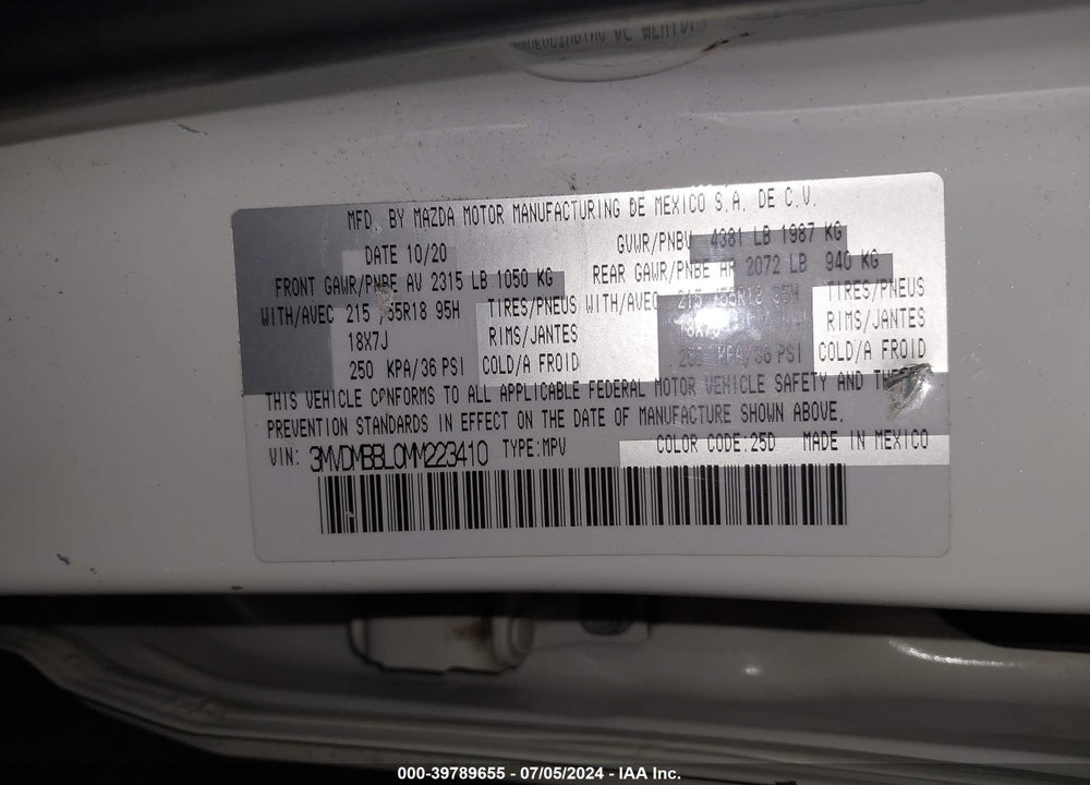2021 MAZDA CX-30 SELECT VIN: 3MVDMBBL0MM223410
