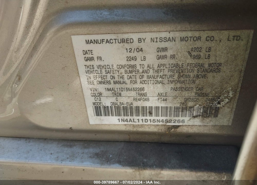 2005 NISSAN ALTIMA 2.5 S VIN: 1N4AL11D15N452266