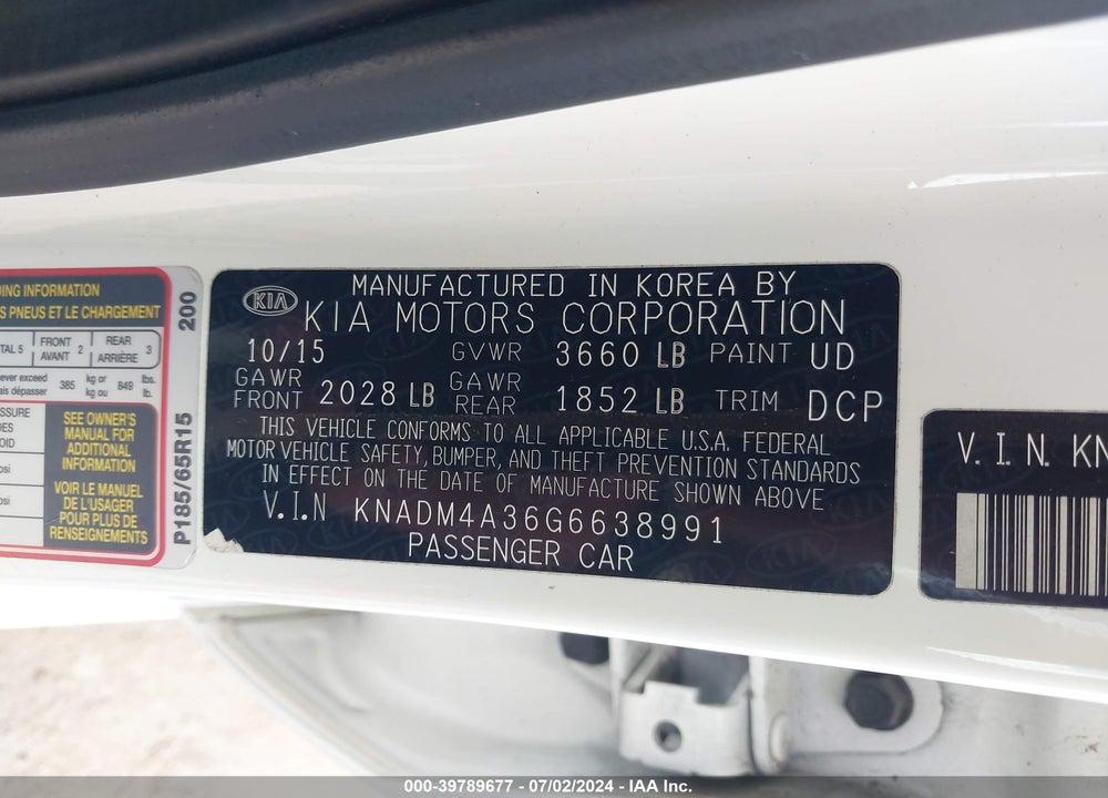 2016 KIA RIO LX VIN: KNADM4A36G6638991