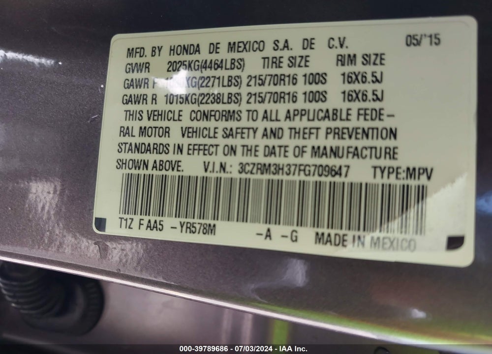 2015 HONDA CR-V LX VIN: 3CZRM3H37FG709647