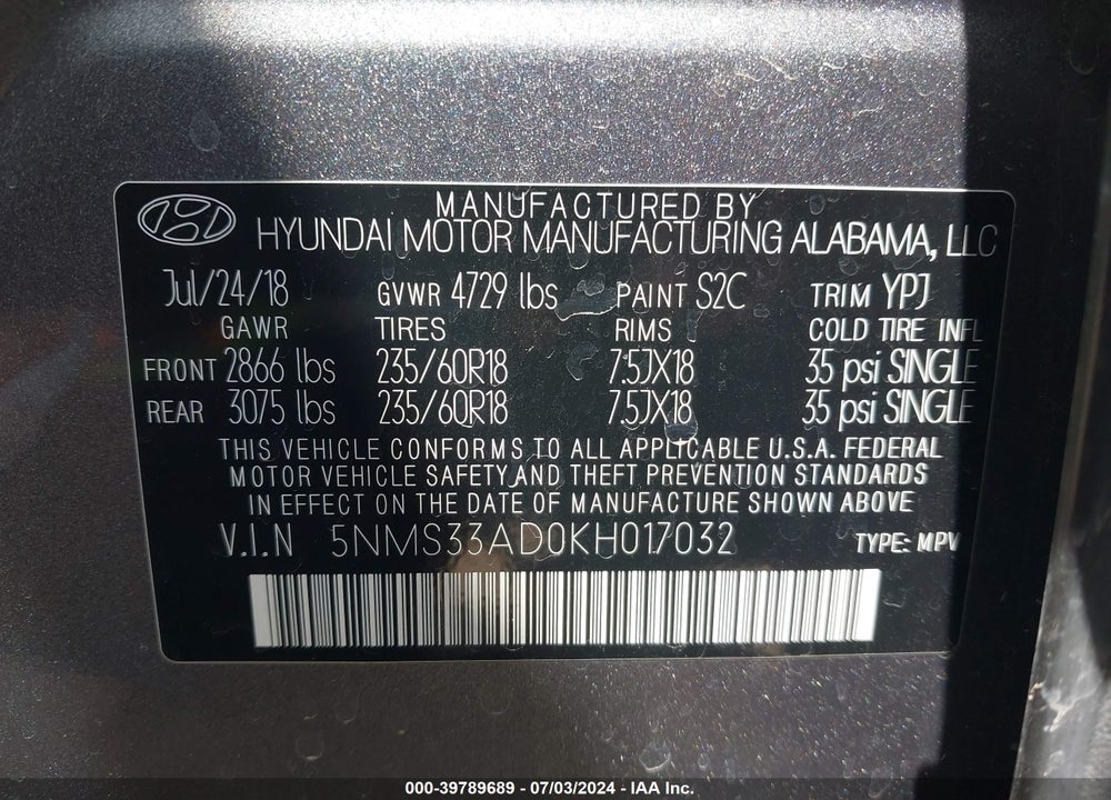 2019 HYUNDAI SANTA FE SEL PLUS VIN: 5NMS33AD0KH017032