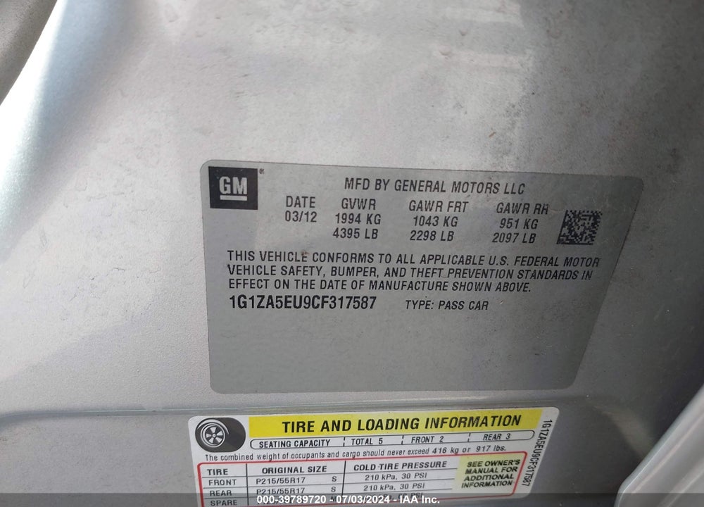 2012 CHEVROLET MALIBU LS VIN: 1G1ZA5EU9CF317587