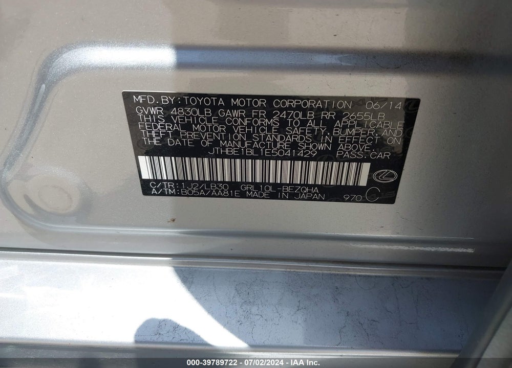 2014 LEXUS GS 350 VIN: JTHBE1BL1E5041429